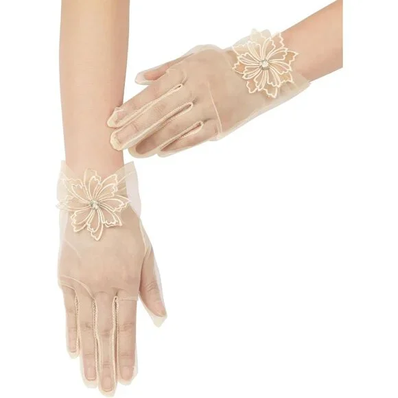 Women's Evening Champagne Mesh Lace Short Gloves Wedding Bridal Tea Party Prom - Picture 4 of 7